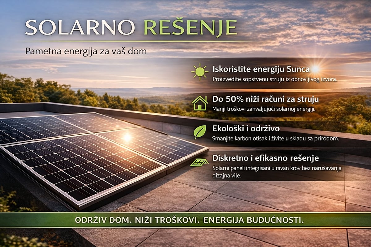 Solar panel system on rooftop at sunset with benefits listed: use sun energy, save 50% on bills, eco-friendly, discrete and efficient